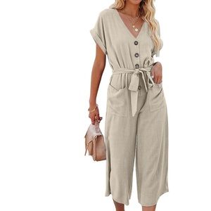 H&M Beige Linen Blend V Neck Button Front Jumpsuit Romper Size XL